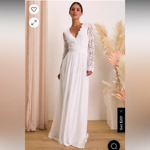 Lulu’s “Awaken My Love” White Lace Long Sleeved Maxi Dress